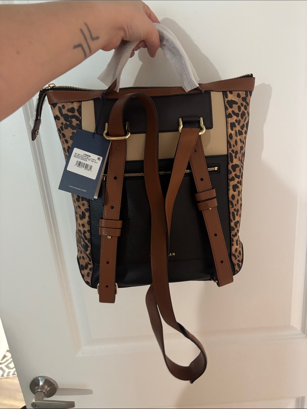 Cole Haan Grand Ambition Leopard Print Convertible Leather Backpack - Picture 3 of 7